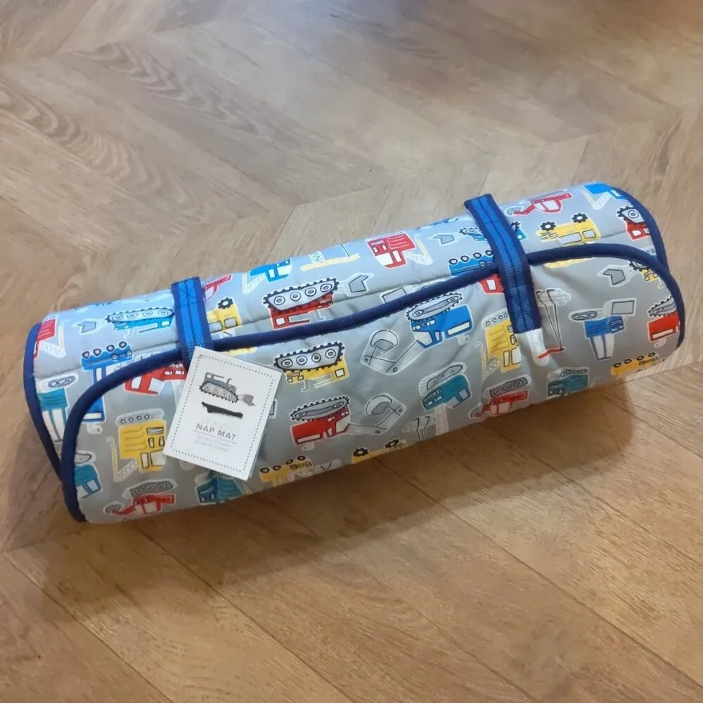 Pottery Barn Kids Gray Construction Print Nap Mat with Red, Blue, Yellow Accents